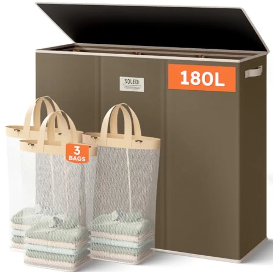 

Трехсекционная корзина для белья с крышкой, очень большая, для грязной одежды, с прочными ручками, для прачечной и спальни - прочная, долговечная.