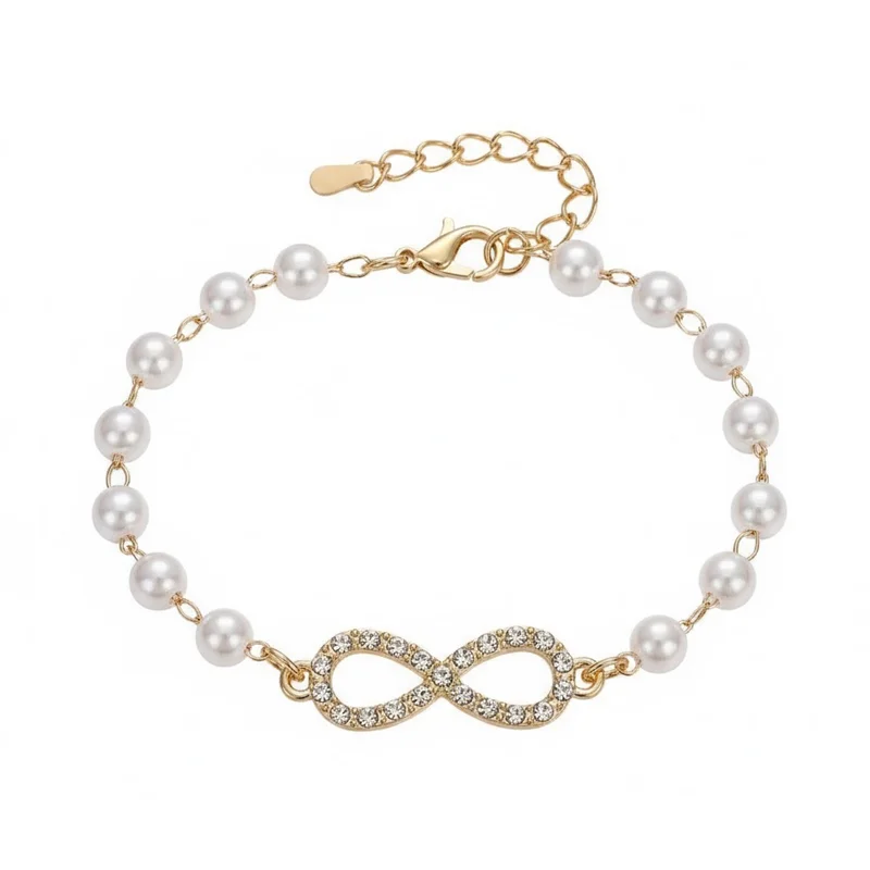 

Infinity Charm Pearl Bracelet 316L Stainless Steel Hypoallergenic Tarnish Free Crystal CZ Gold Chain Women MURMUR