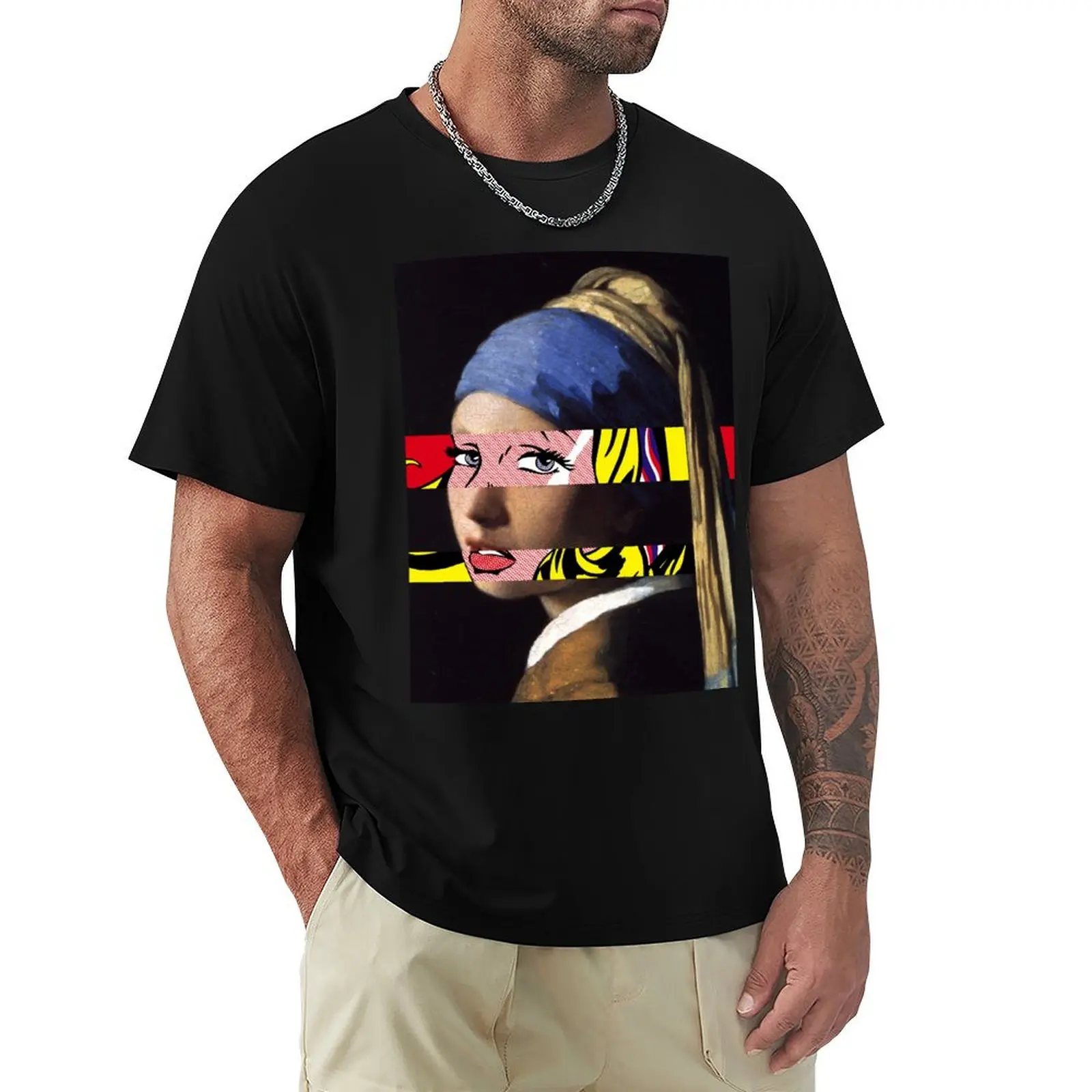 Vermeer Girl with a Pearl Earring meets Roy Lichtenstein Girl with hair ribbon T-Shirt Work Outdoor Short Sleeve Tee
