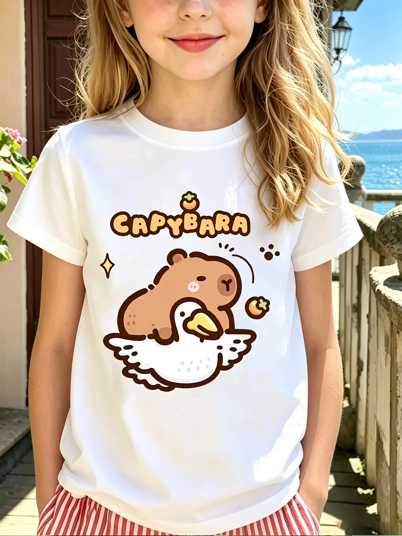 Kids Family Matching T Shirt Cute Capybara Riding Duck Cartoon Print Short Sleeve Cotton Tops For Boys Girls Daily Casual Outfit
