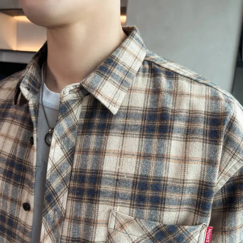 Camisa a cuadros de manga larga para hombre, chaqueta ajustada coreana, camisa informal de tendencia para estudiantes, forro