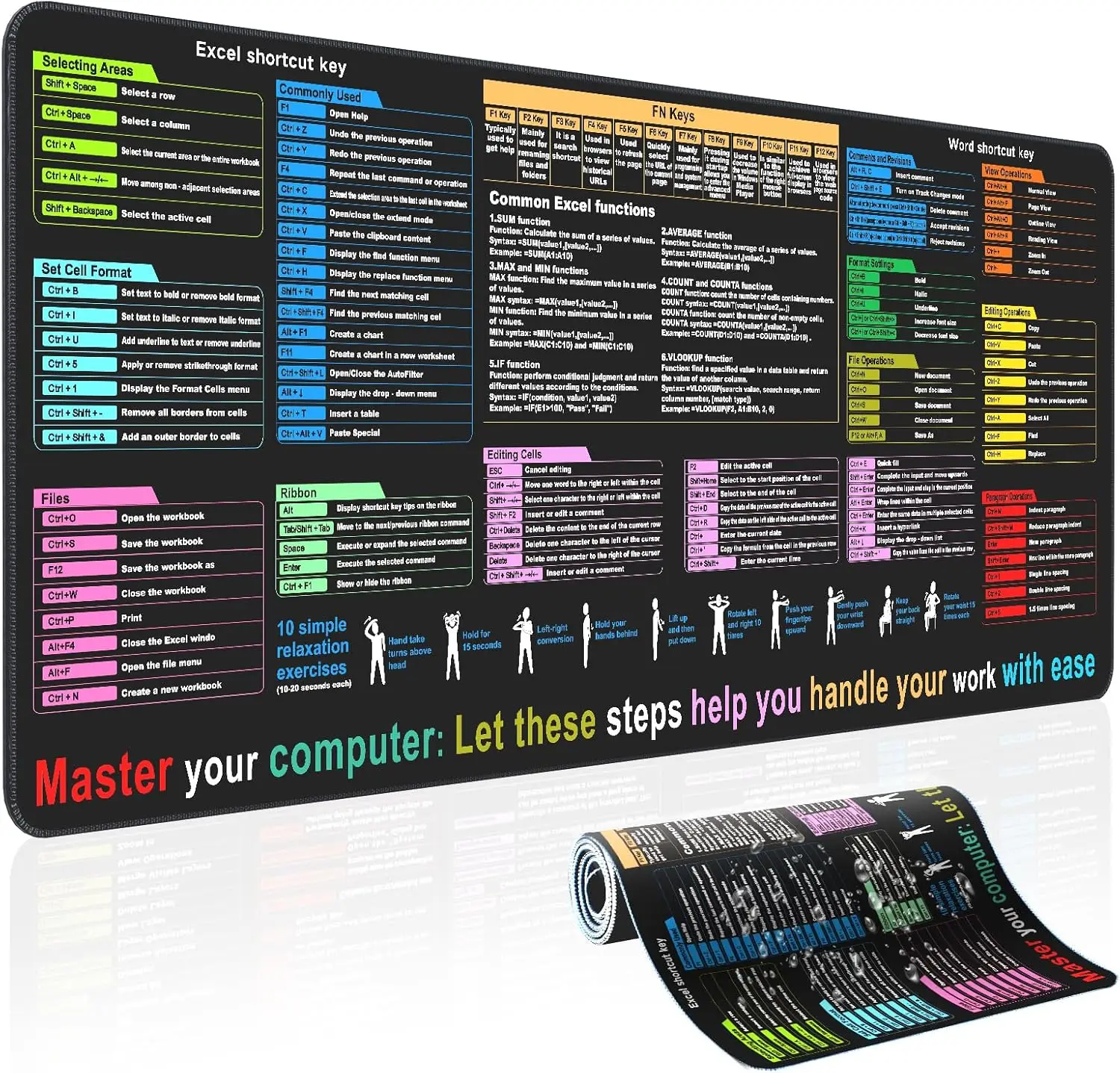 Tapete de mesa à prova d'água - Tapete de mesa Excel Cheat Sheet Tapete de mouse para jogos XL grande | Tapete de teclado de escritório Tapete de computador com atalhos excel
