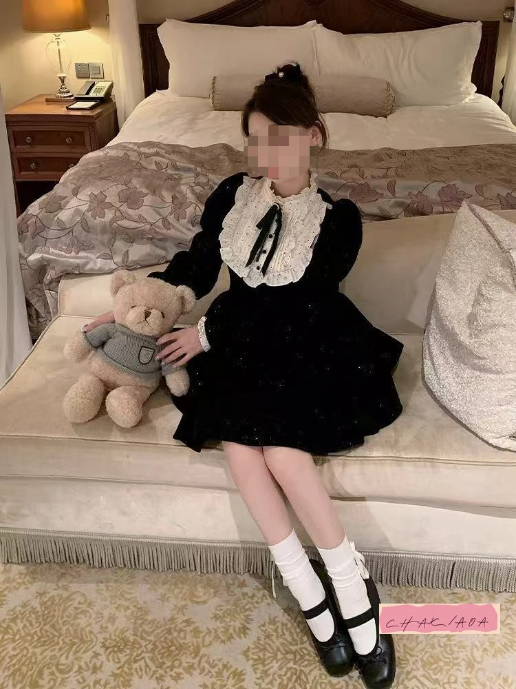 Halloween usar veludo dupla camada fina flash puff bolo vestido bolha de manga comprida veludo cintura rico estilo família vestido aniversário