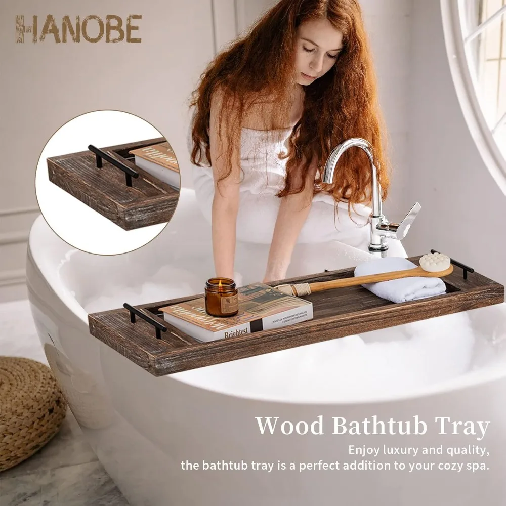 

Extra Large Rustic Bathtub Tray Caddy Wooden Serving Shelf with Handles for Relaxing Bath Spa Time, 31 Inch