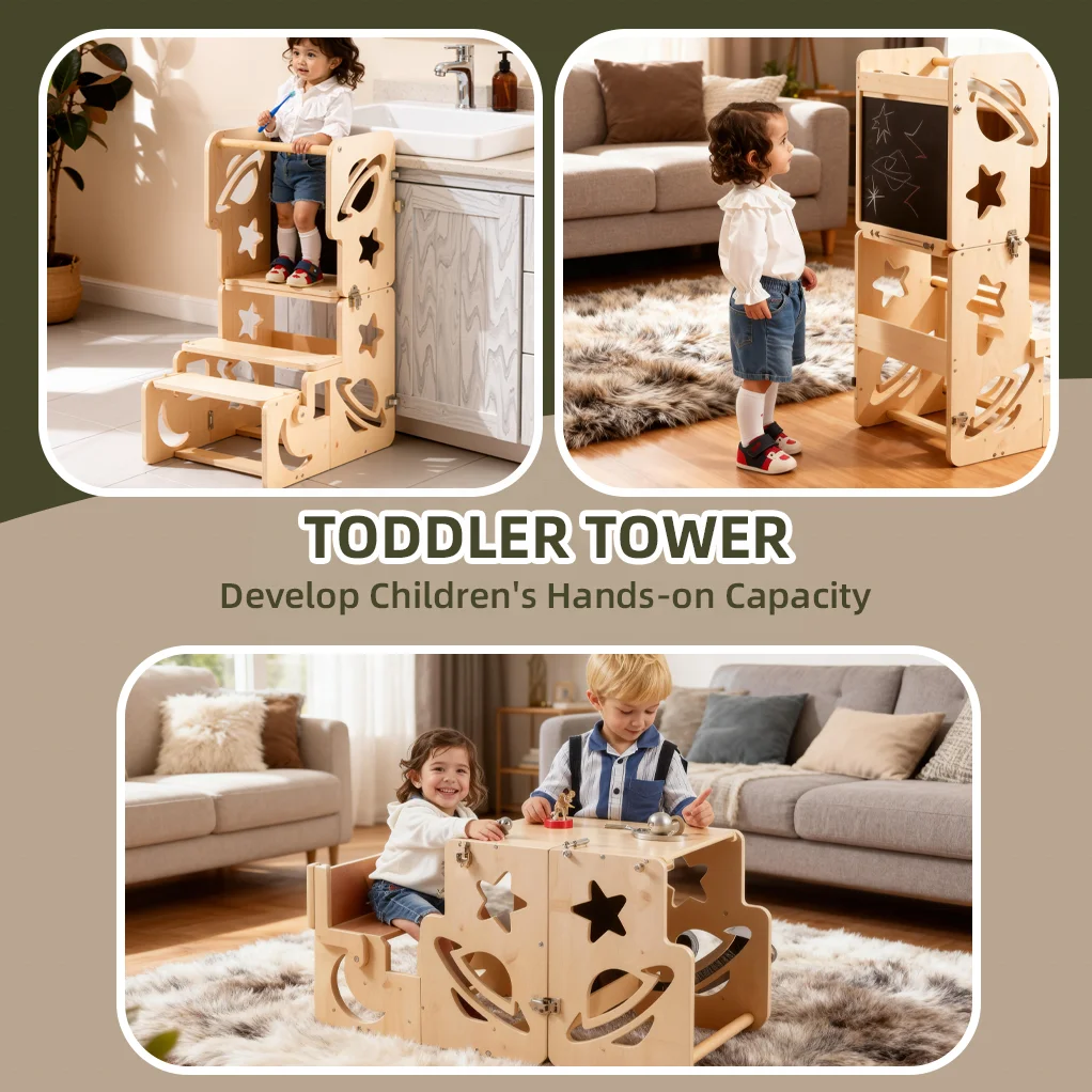 Design Planet Learning Tower Natural Wood Learning Tower Multifunctional Foldable Learning Tower Table and Chair Set