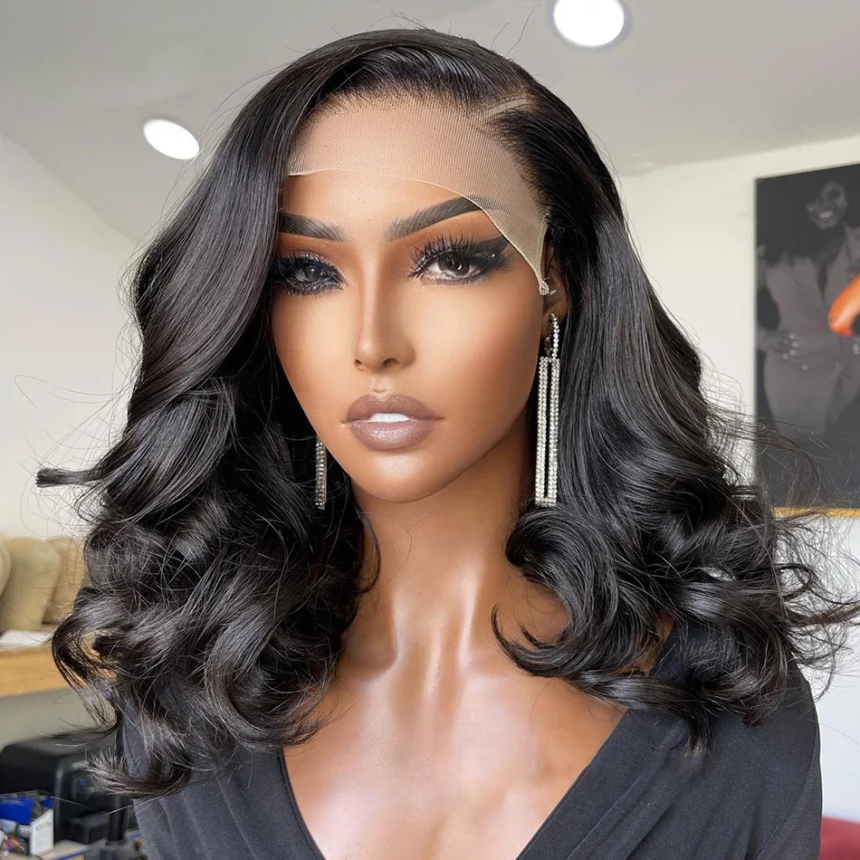 Perruque Bob Lace Wig Body Wave Brésilienne Naturelle, Cheveux Courts, 13x4, Densité 200%, pour Femme Africaine