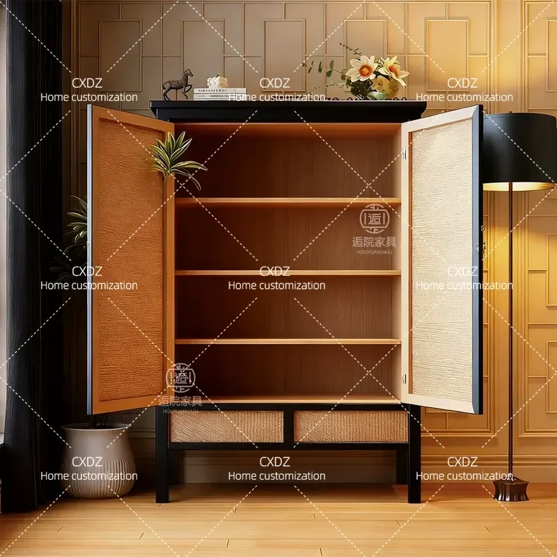Wabi Sabi Rattan Wardrobe Storage Cabinet Simple Bedroom Retro Classical Decorative Cabinet Customizable Home Improvement