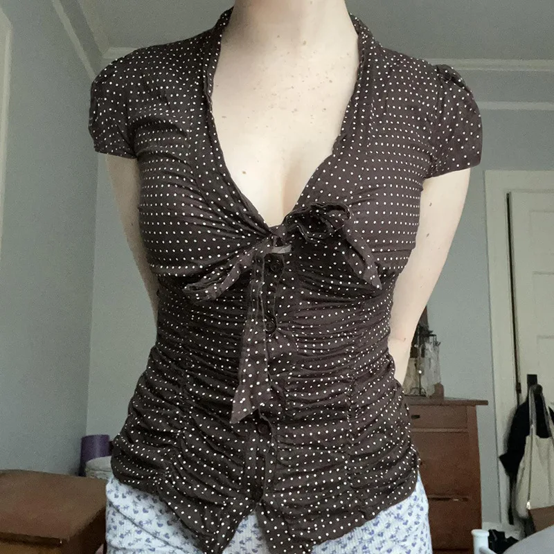 

Women's Polka Dot Tie-Front Blouse-French Vintage Ruched Slim-Fit Short Sleeve Shirt,Top for Daily&Party Wear,Retro Fashion Tee