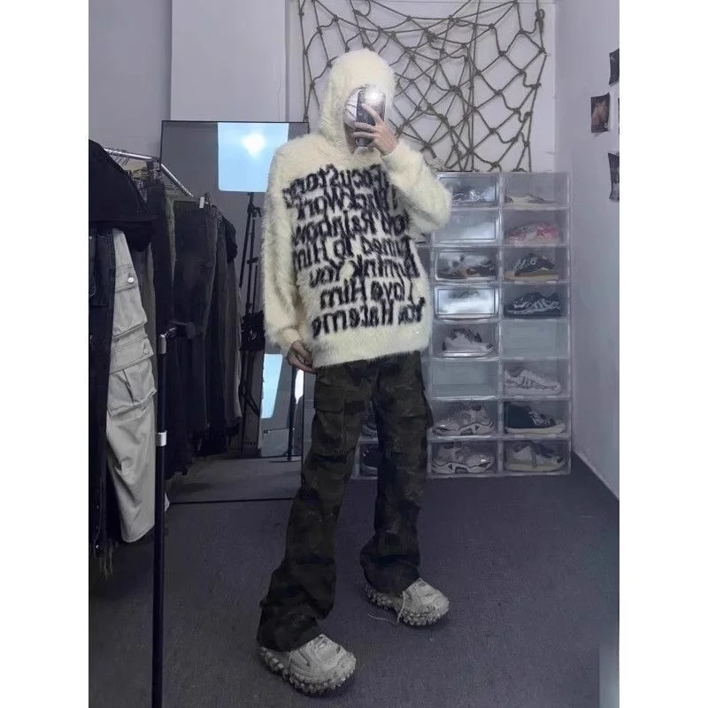 

Men's Warm American Lazy Sle Hooded Knitted Sweater Mink Velvet Letter Embroidery Loose Outerwear Autumn Winter Faion