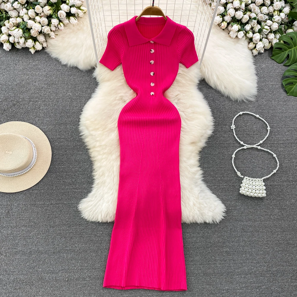 REALEFT lato 2025 nowe damskie Polo długie sukienki z dzianiny solidna elegancka, z krótkim rękawem guziki obcisła sukienka kopertowa kobieta