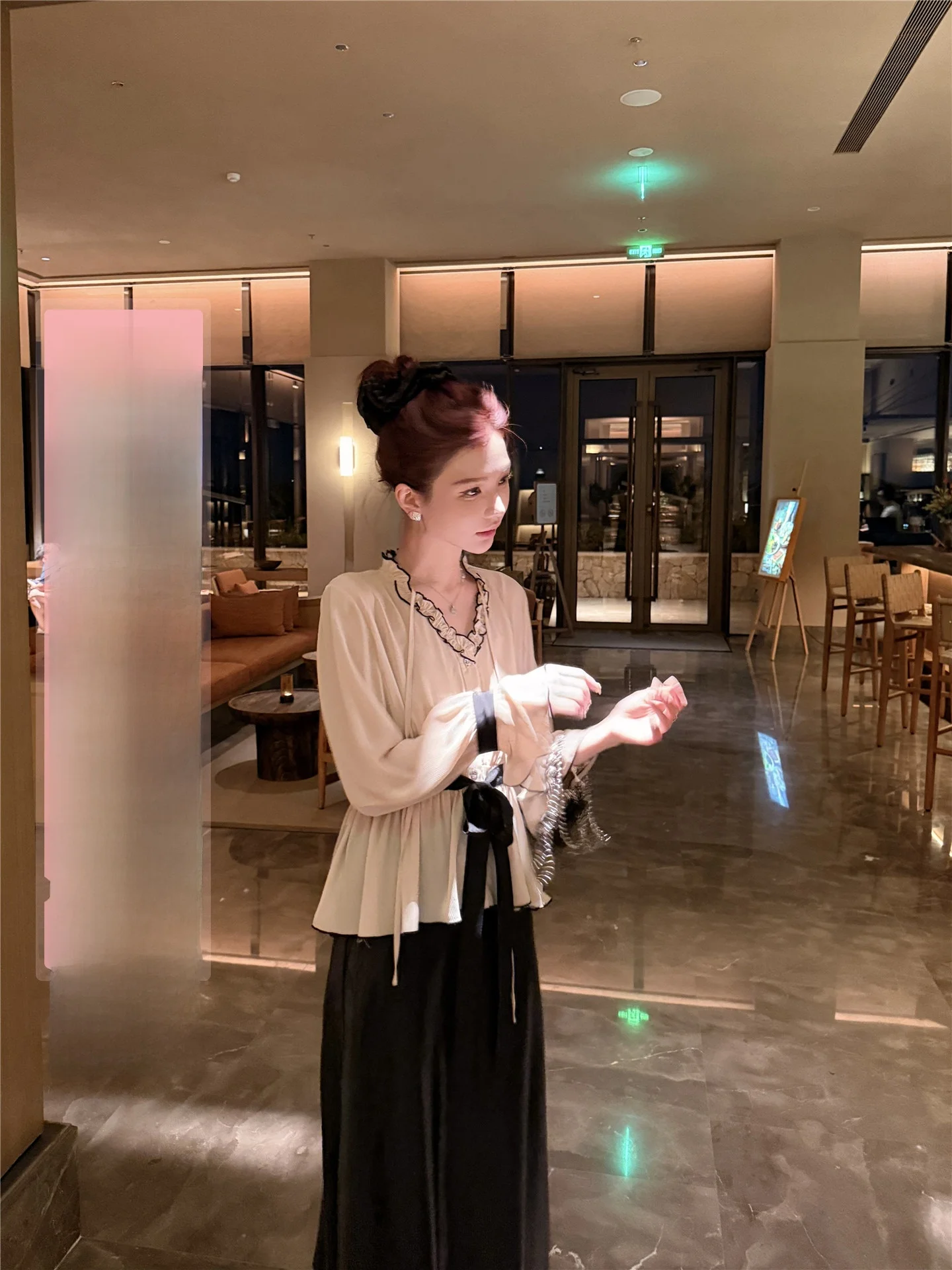 

French Sle Cheese irt Women's Long Sve Waist Cinched Belted Versatile Wood ain irt Spring Faion Bla Butte...