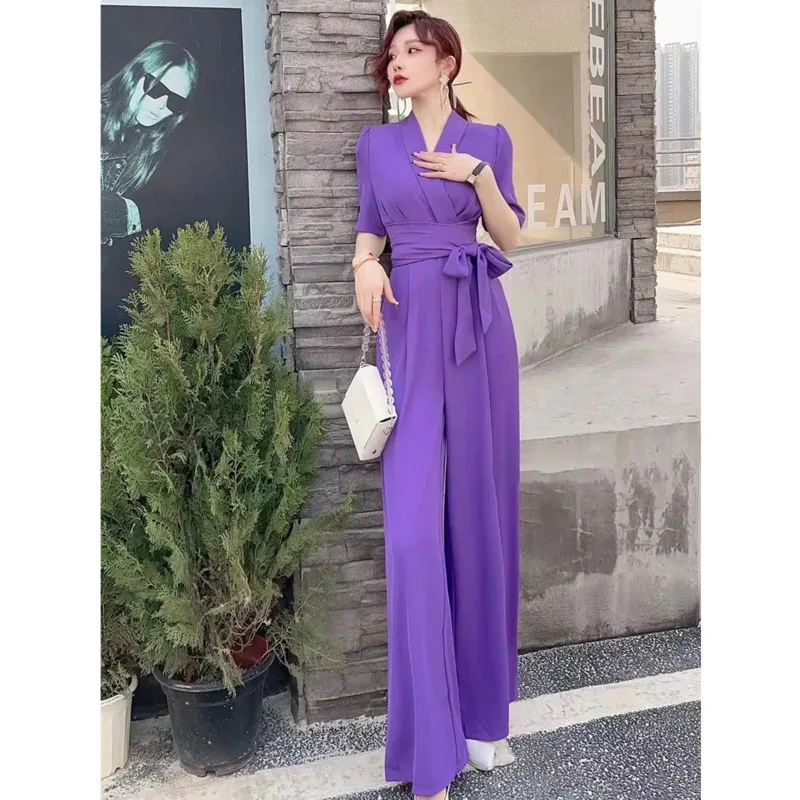 Women\'s Chiffon Jumpsuit 2024 New Summer Elegant Fashion One Piece Clothes White Thin Romper Wide Leg Pants Body Suits For Women