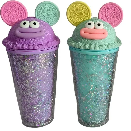 Funny Mouth Cartoon Glitter Straw Cup,Biscuit Ear Double-layer Plastic Cup,Student High-value Portable Water Cups, Birthday Gift