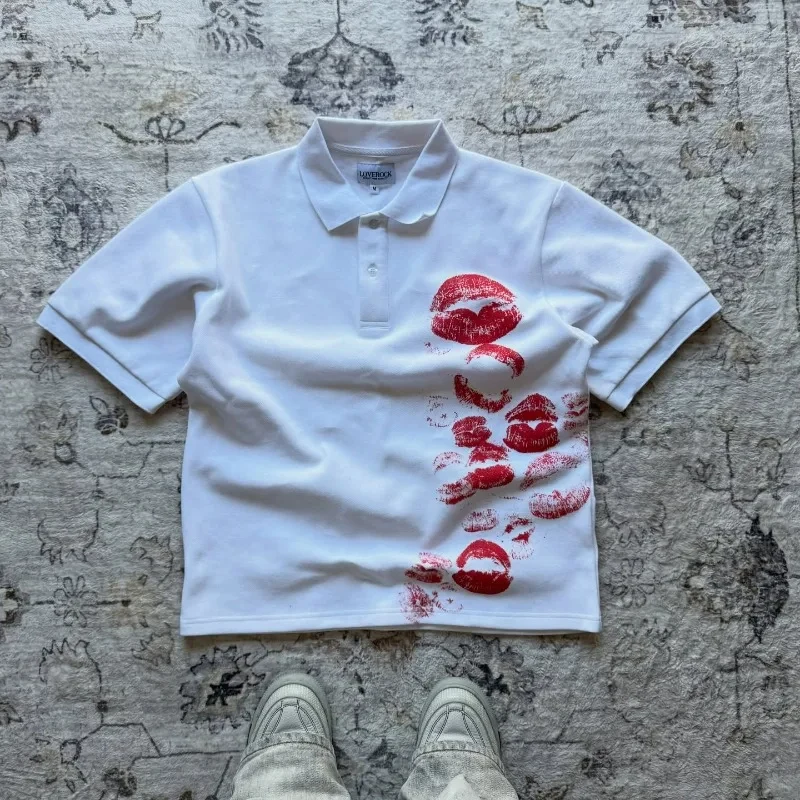 Y2k Lip Print Polo shirt Collection Hickey Pattern New Men Women Sweatshirt Retro Hip-hop Trendy Streetwear Unisex Boxy T-
