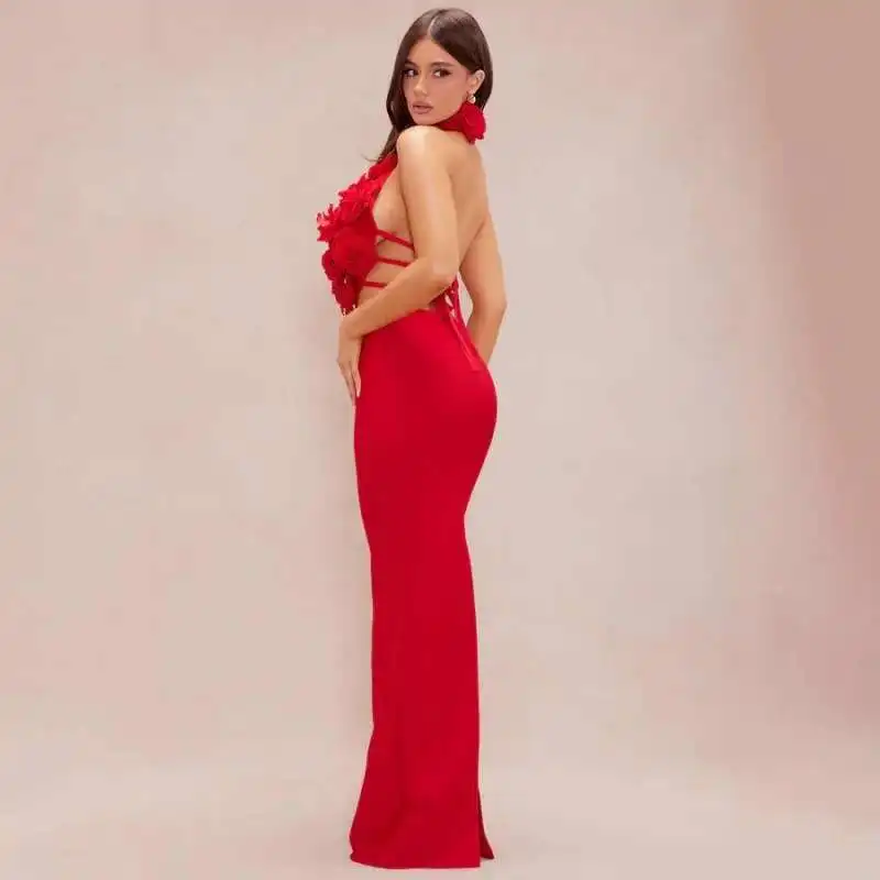 فستان سهرة طويل مثير برقبة رسن من LEOSOXS مزين بالورود ثلاثي الأبعاد فستان ضيق بتصميم أنيق بدون ظهر للمناسبات الرسمية