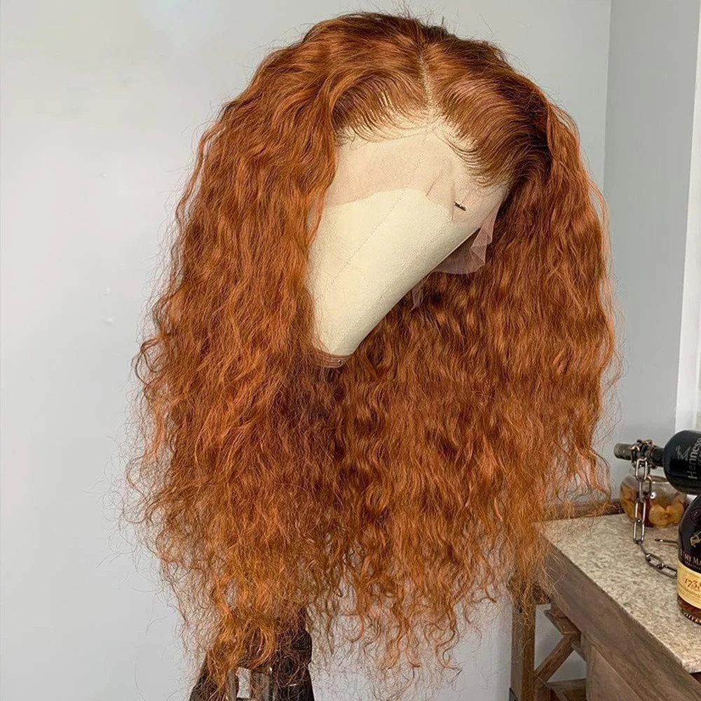 ソフトオレンジ26インチ180密度縮れ毛カーリーレースフロントウィッグ（女性用、ベビーヘア付き、合成繊維、ディープパート、デイリーウェアウィッグ）