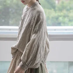 Women Vintage Loose Shirt Wrinkled Linen Stand Long Sleeve Button Solid Color 2024 Autumn New Chinese Style Blouse