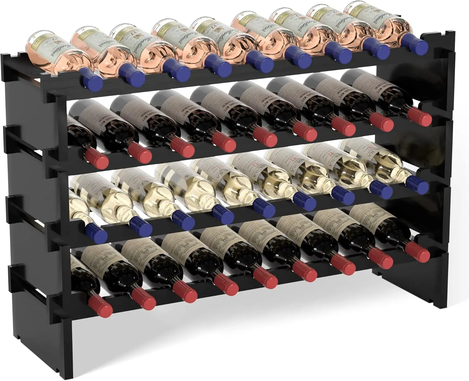 

36 Bottle Stackable Wooden Wine Rack - Freestanding Floor Storage for Cabinet, Bar, Pantry & Cellar, Black