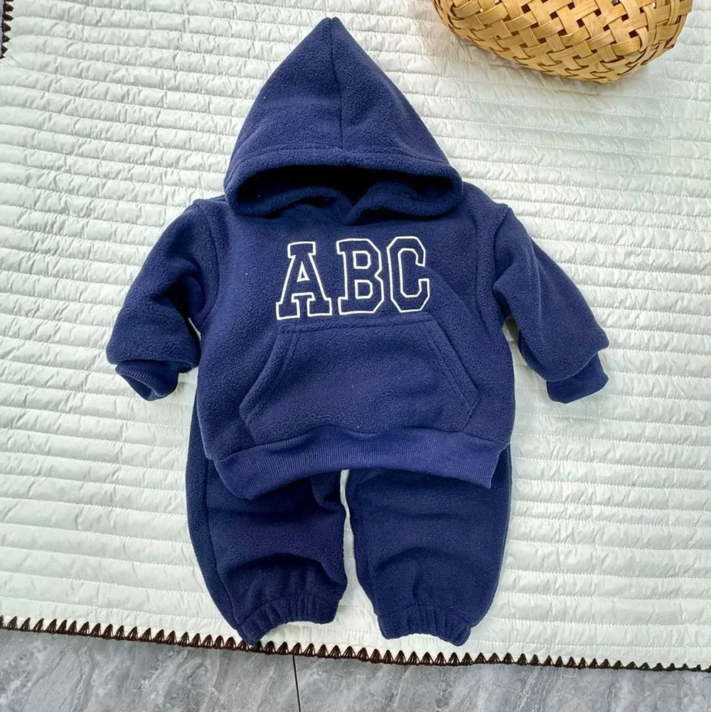 2Pcs Autumn Letter Print Toddler Infant Hooded Tops Coat and Trousers Solid Add Fleece Thicken Baby Outfit Sets