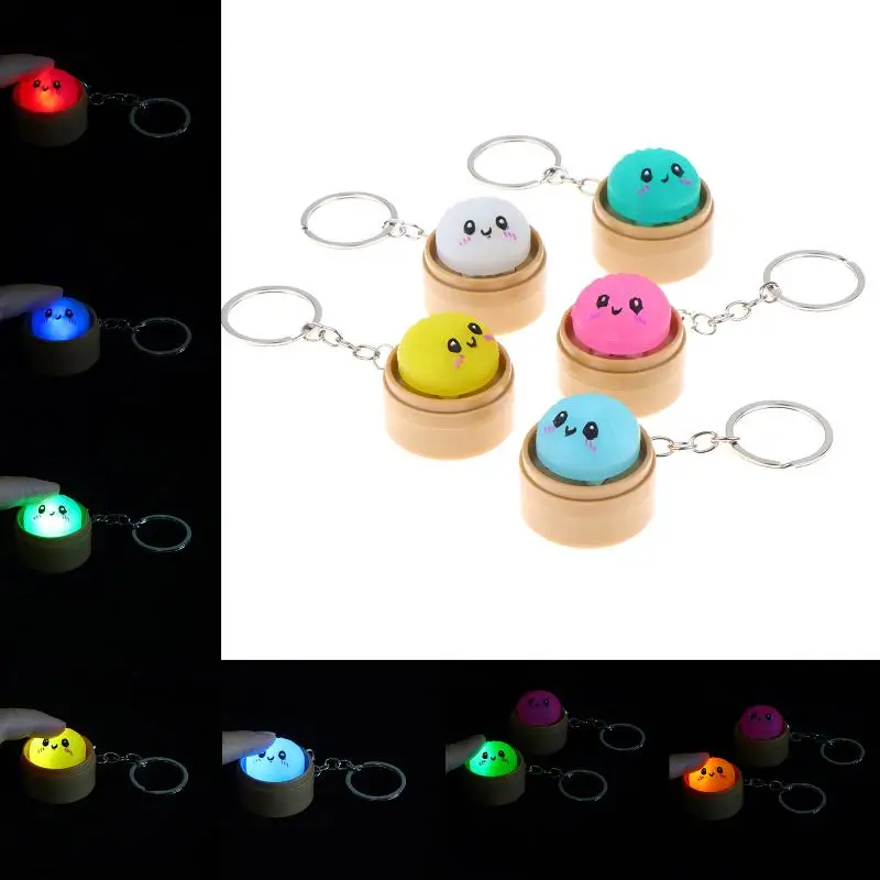Cute Squishy Steamed Bun Keychain Press Activated LED Light Mini Steamer Base for Bag Decoration