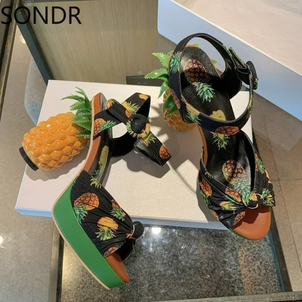 Womens Peep Toe Pink Pineapple Fruit Printed Sandals Summer Strange High Heel Slingback Shoes Pumps Ankle Buckle New 2024