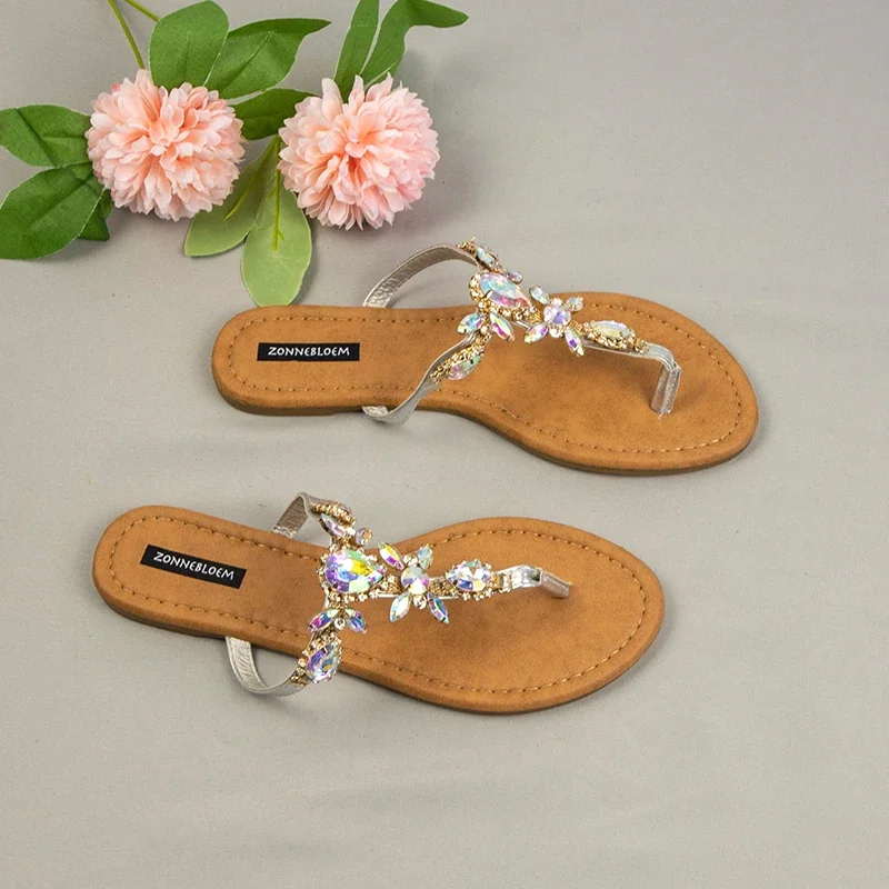 2024 New Women\'s Flip-flops Summer Party Shoes for Female Bling Flower Rhinestones Large Size Flat Heels Outside Ladies Slippers