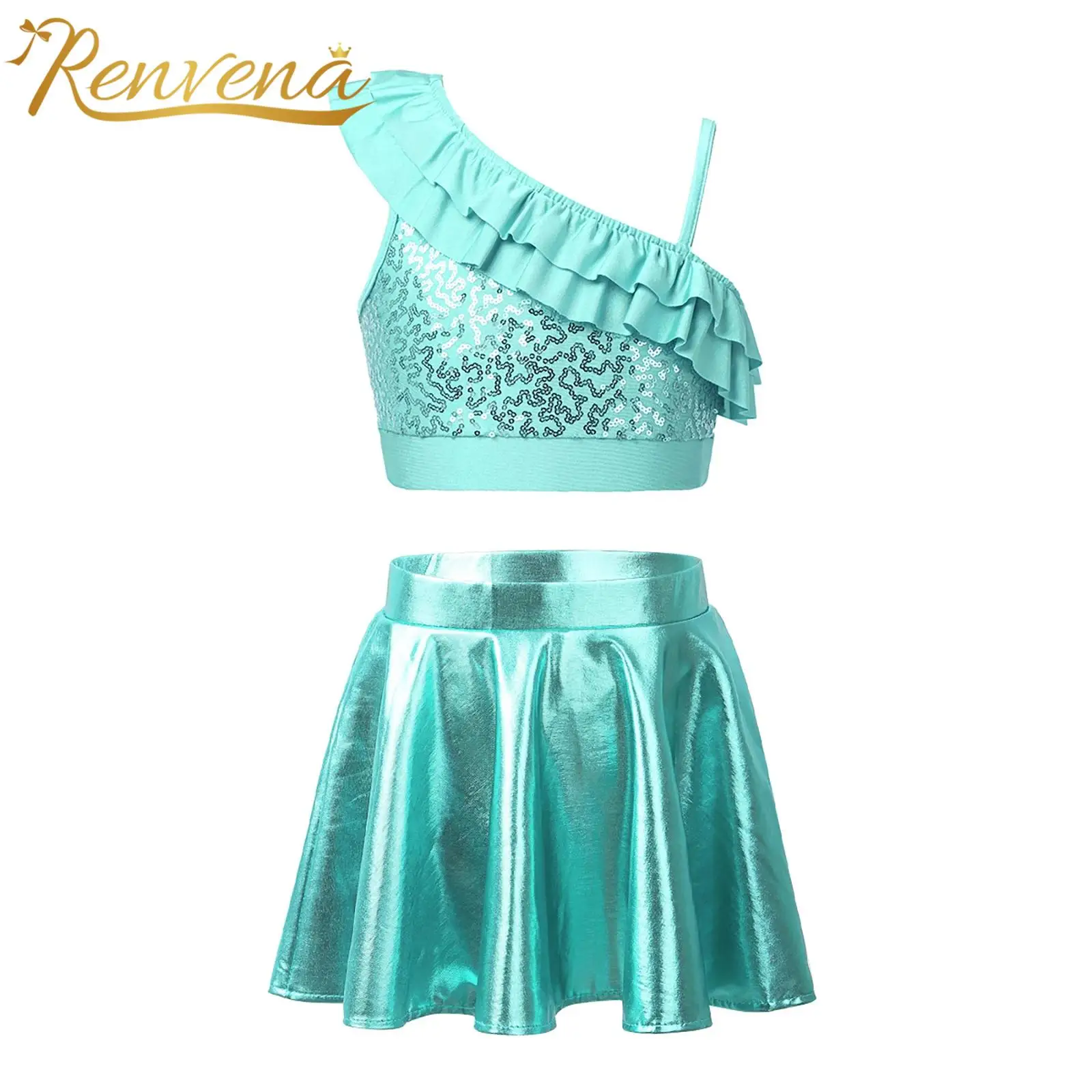 

Kids Girls Two-Piece Dance Outfit Performance Costume Teens Dancewear Sets Sleeveless Sequin Crop Top with Metallic Skorts Skirt