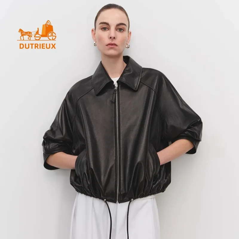 Winter Women's Suede & Leather Lapel Drawstring Short Leather Jacket, 100% Genuine Sheepskin Gorgeous and Elegant Leather Coat