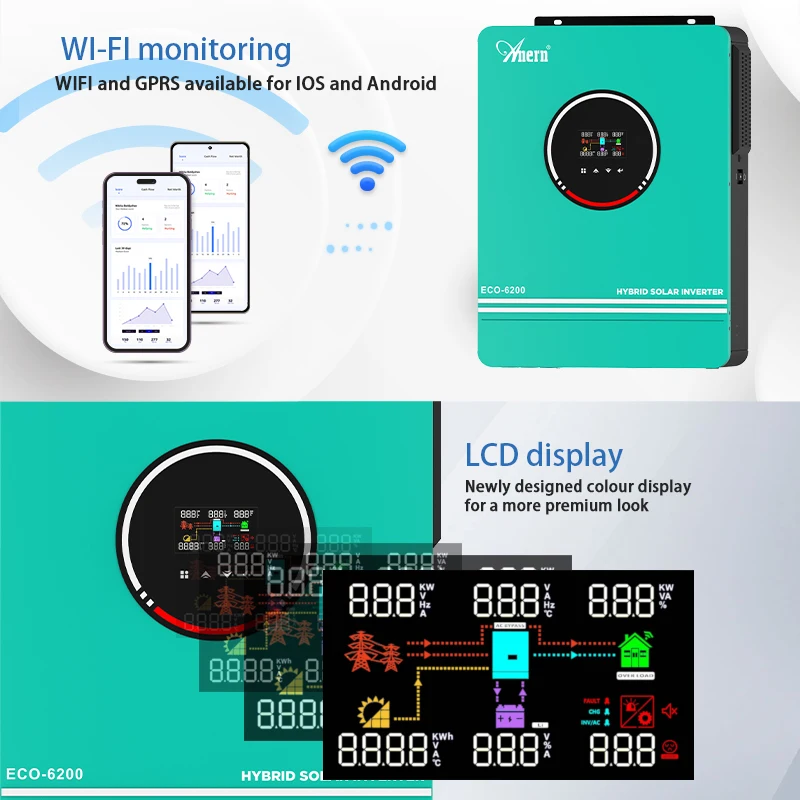 Anern Mppt Solar Inverter 3KW 4.2KW 6.2KW Off Grid 24V 48V Inverter 12V 220V Pure Sine Wave Dual Output MPPT 80A 120A