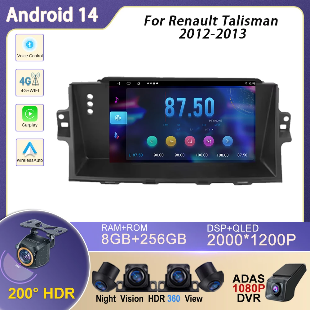 

Carplay Android 14 Автомобильный DVD-радио для Renault Talisman 2012-2013 Мультимедийный плеер GPS-навигация Стерео головное устройство NO 2DIN WIFI