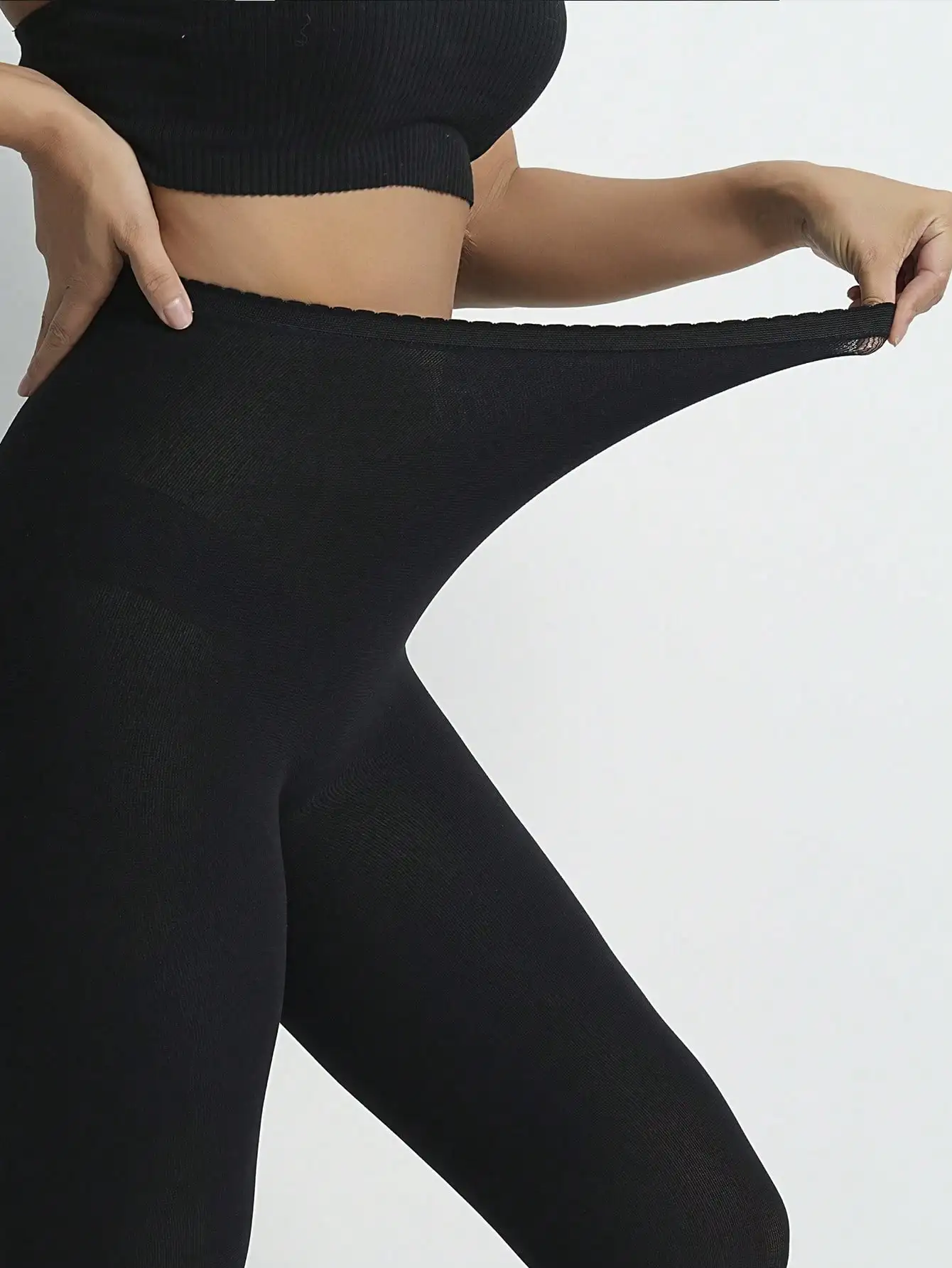 Women Black Shaping Pantyhose Calf Hollow Mesh Design High Waist Tummy Control Butt Lifting Footed Tights