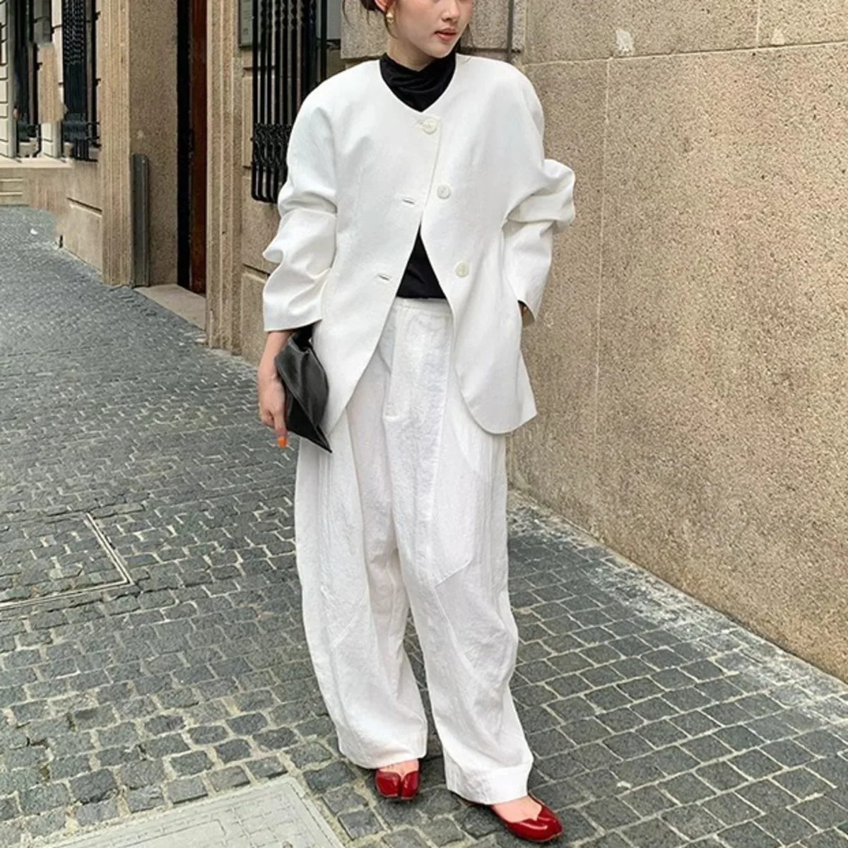 

KWTX 2025 г. Женский комплект из двух предметов из смеси хлопка и льна, большой пиджак, широкие брюки, минималистичный повседневный элегантный наряд