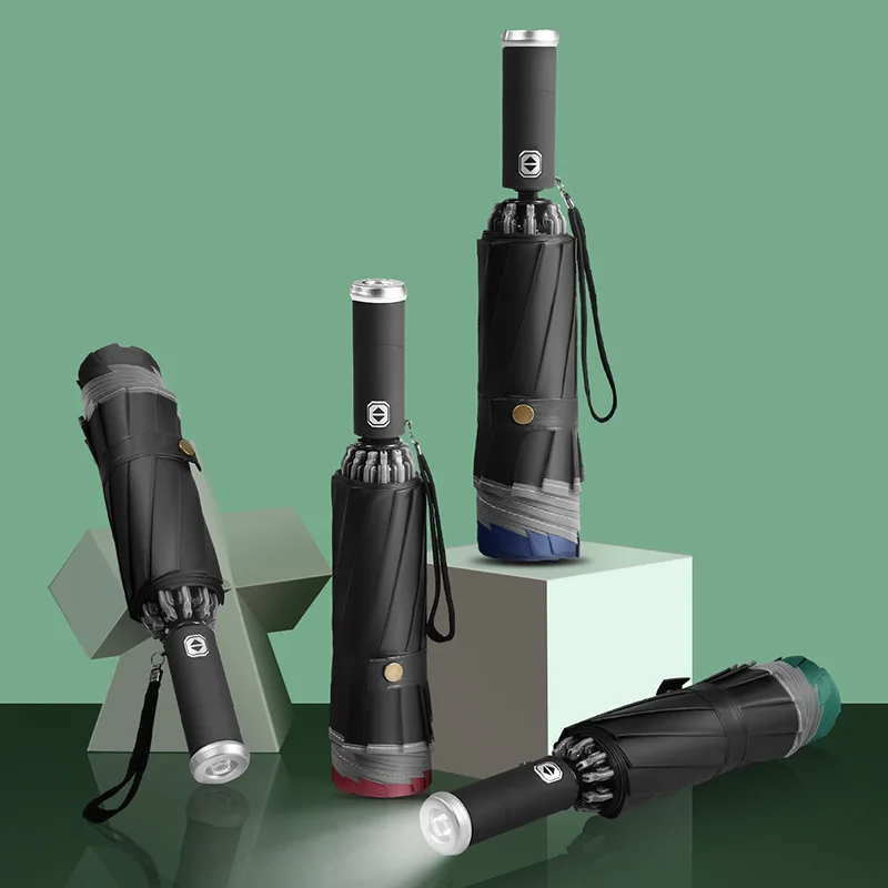 Fully Automatic Waterproof Sun Protection Umbrella with LED Flashlight UV Sunshade Rainproof Wind Resistance Folding Design