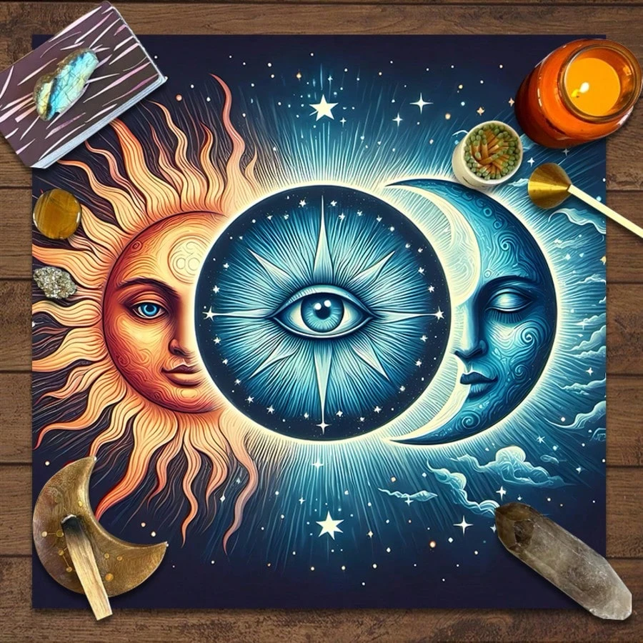1 Stück schwarze Tarot-Tischdecke aus Stoff, Altartuch mit Sonne, Mond, Blumen und Pflanzen, Brettspiel- und Pokermatte, Halloween-Geschenk und Partydekoration