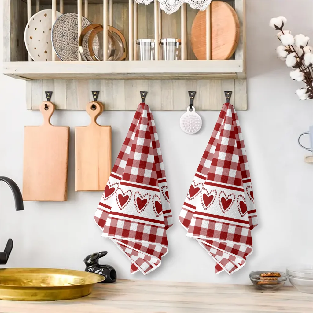 2-Pack, Simple Red and White Plaid Heart-Shaped Kitchen Towels, Suitable for Cooking and Baking, Dishcloths, Hand Towels, Tea Towels, Super Soft, Highly Absorbent, Kitchen Decor Accessories