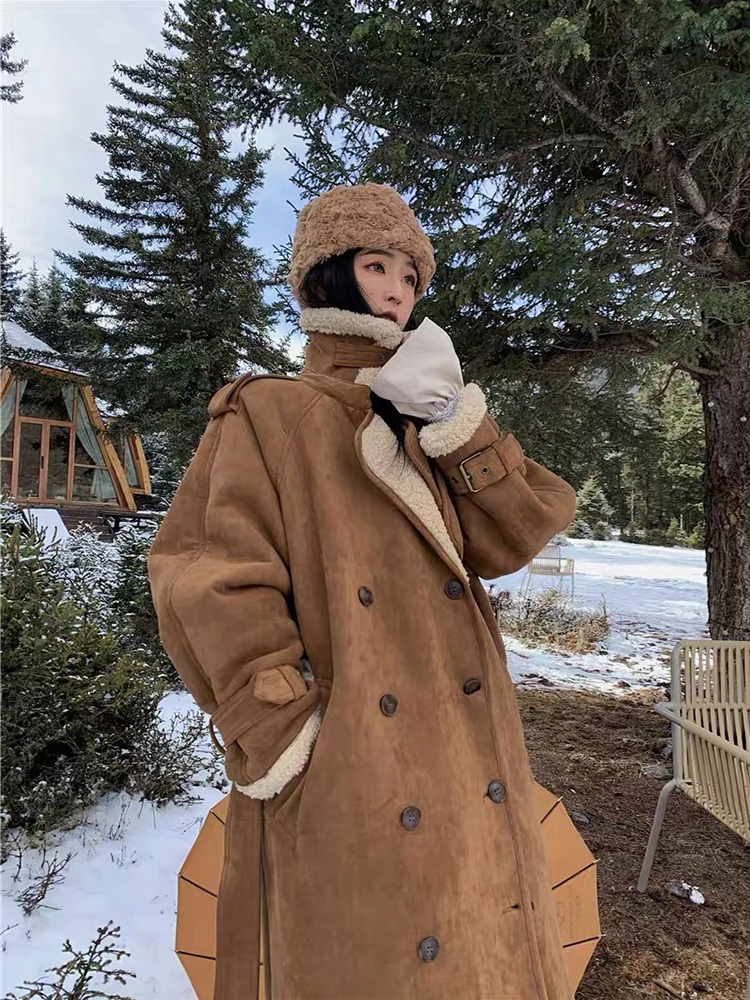 KBAT Winter Vintage Women Oversize Faux Woolen Coat Lambswool Patchwork Jacket Vintage Warm Long Thick Motorcycle Coats