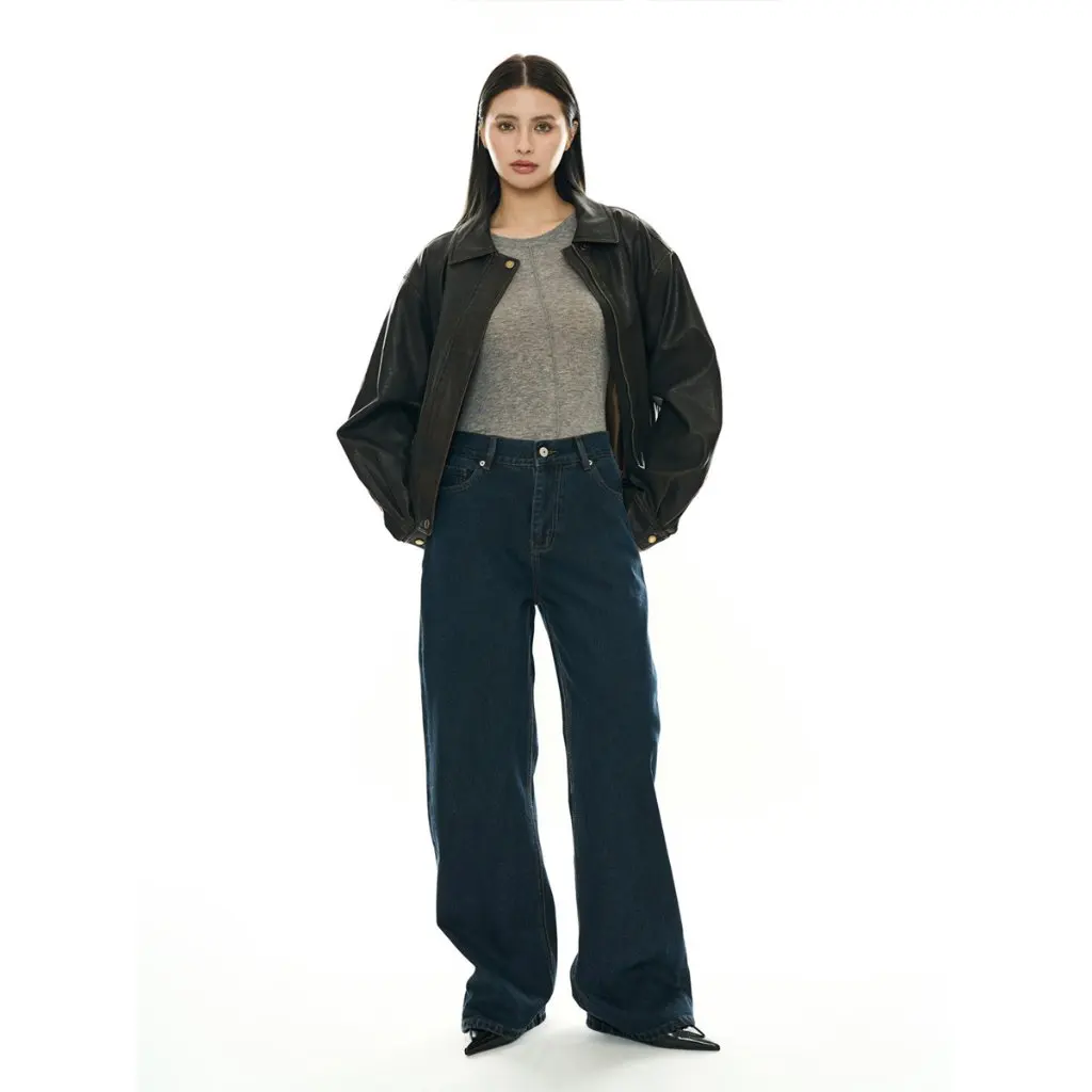 Damskie ciemnoniebieskie jeansy o prostym kroju w stylu retro-modern koreańskim, casualowe, dopasowane spodnie na zimę.