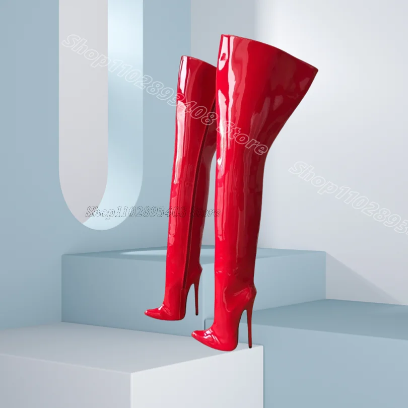 

Red Patent Leather Side Zipper Boots Pointed Toe Stiletto Stylish Solid Women Casual Party Over Knee Boots Zapatos Para Mujere