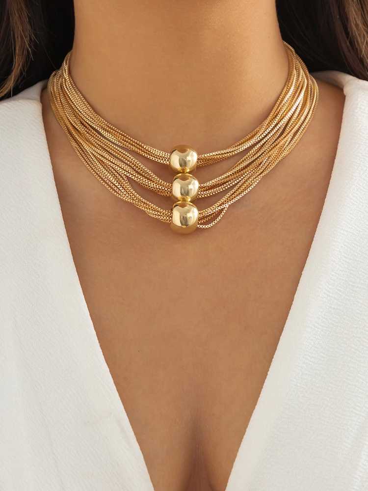 IngeSight.Z wielowarstwowy przesadny materiał CCB duży naszyjnik typu choker z kulką dla kobiet w stylu Vintage złoty kolor masywny łańcuszek do obojczyka — zdjęcie 2
