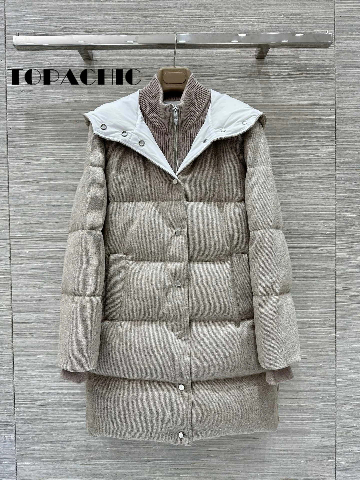 9.25 TOPACHIC-Women High Quality Knit Collar Spliced Goose Down Coat Fake Tow Piece Long Sleeve Hooded Thick Keep Warm Outerwear