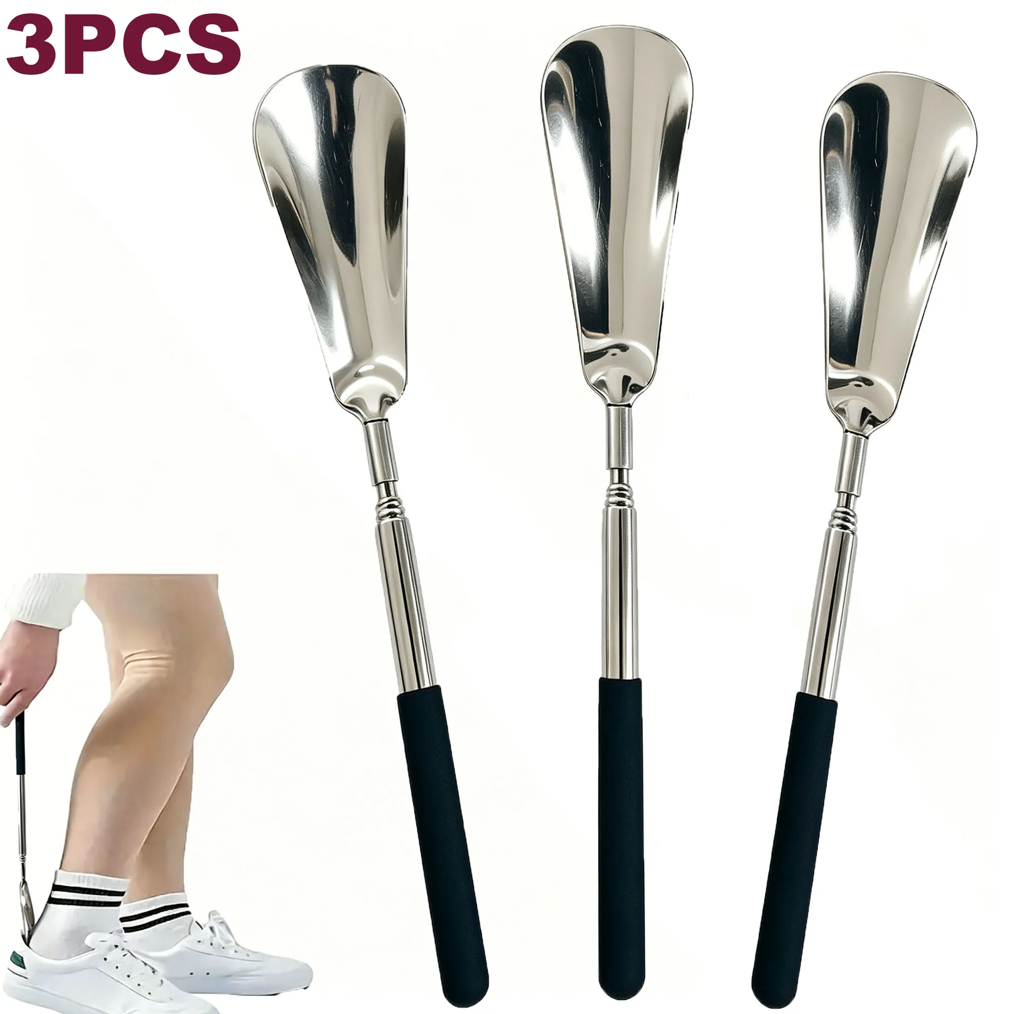 3-Pack Upgraded Shoe Horn – 5-Section Extendable, Stainless Steel, Non-Slip Handle for Seniors & Limited Mobility
