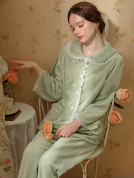 Women Autumn Winter Sleepwear Vintage Princess Thick Pajamas Two Piece Sets Sweet Girl Ruffles Coral Velvet Victorian Nightwear