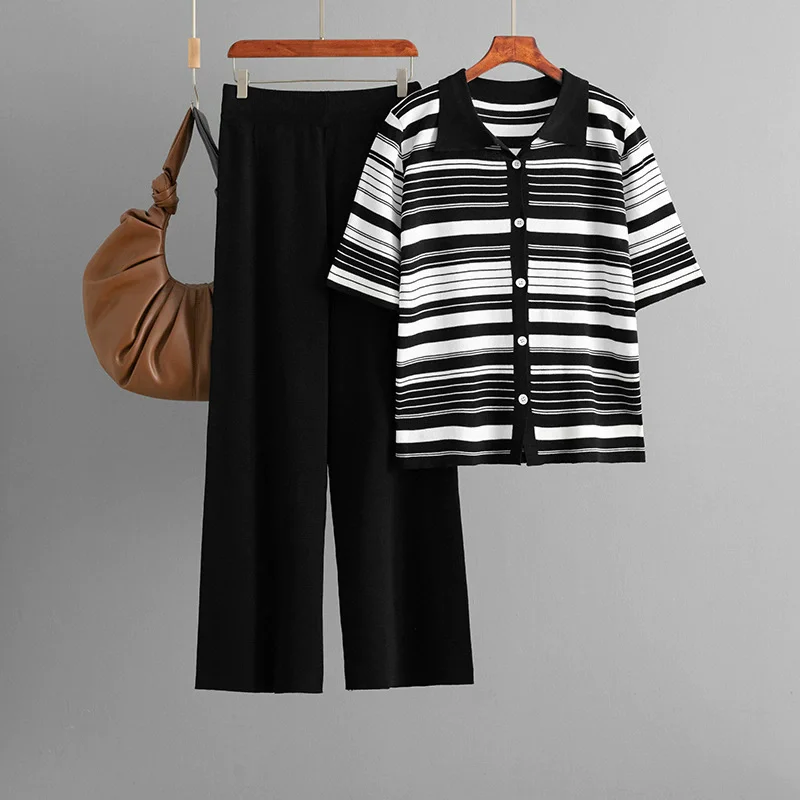 Summer Thin Loose Knitted 2 Piece Sets Women Single Breasted Short Sleeve Tops Conjuntos Korean High Waist Wide Leg Pants Outfit