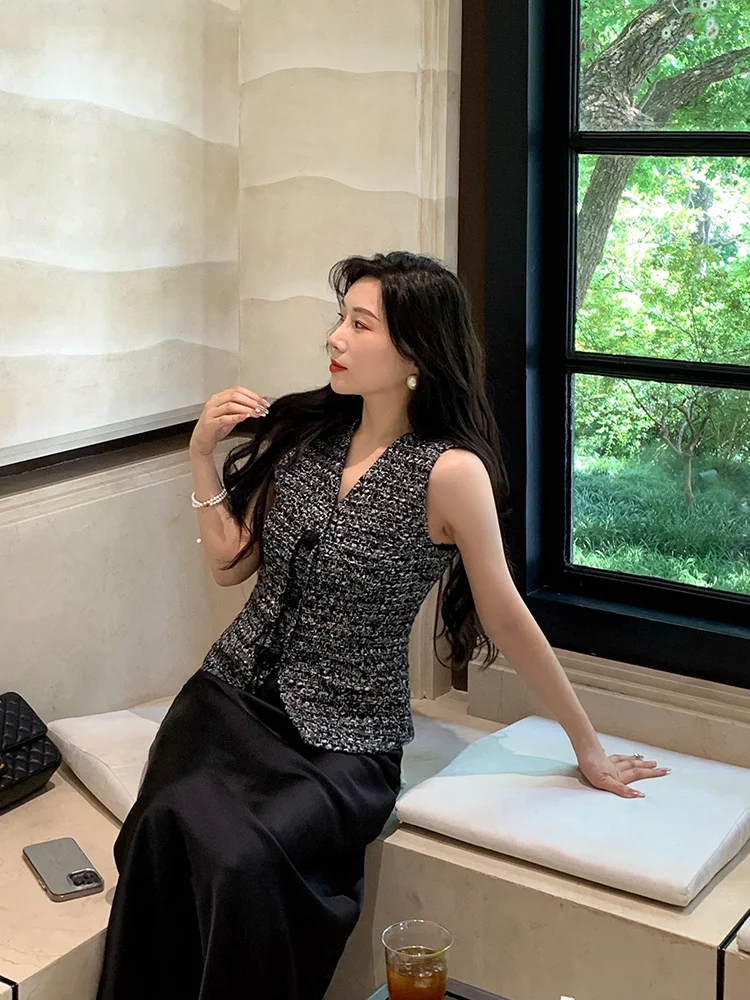 

YANGXIAOJING Luxury Sensation Name Lady Fraance Sle Svel Flower Pattern Silk Vest Top Acetate f-length Skirt Set