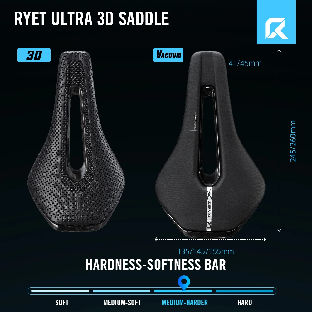 2026 RYET 3D Printed Carbon Bike Saddle 245x135/145mm for MTB Gravel Road Bike Ergonomic Racing Saddle Hollow Tech Cycling Seat image 3
