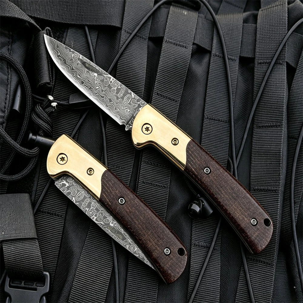 High-Quality Damascus Steel Pocket Folding Knife  Brass + Micarta Handle Ideal, Camping, and As A Personal Outdoor Hiking Gift