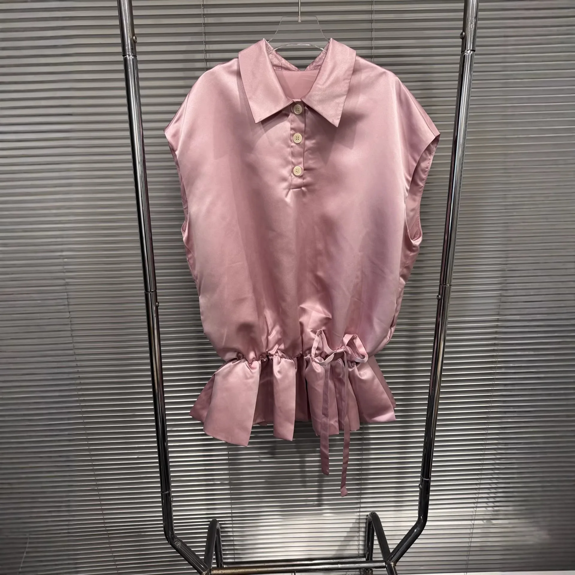 

2026 Summer New Satin Glossy Pleated Bow Loose Sweet Cute Age-reducing Women Dress