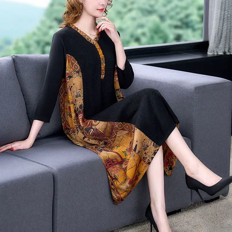 Temperamento com decote em v emendado vestido de malha roupas femininas mãe outono novo casual cintura solta sobre o joelho saia longa