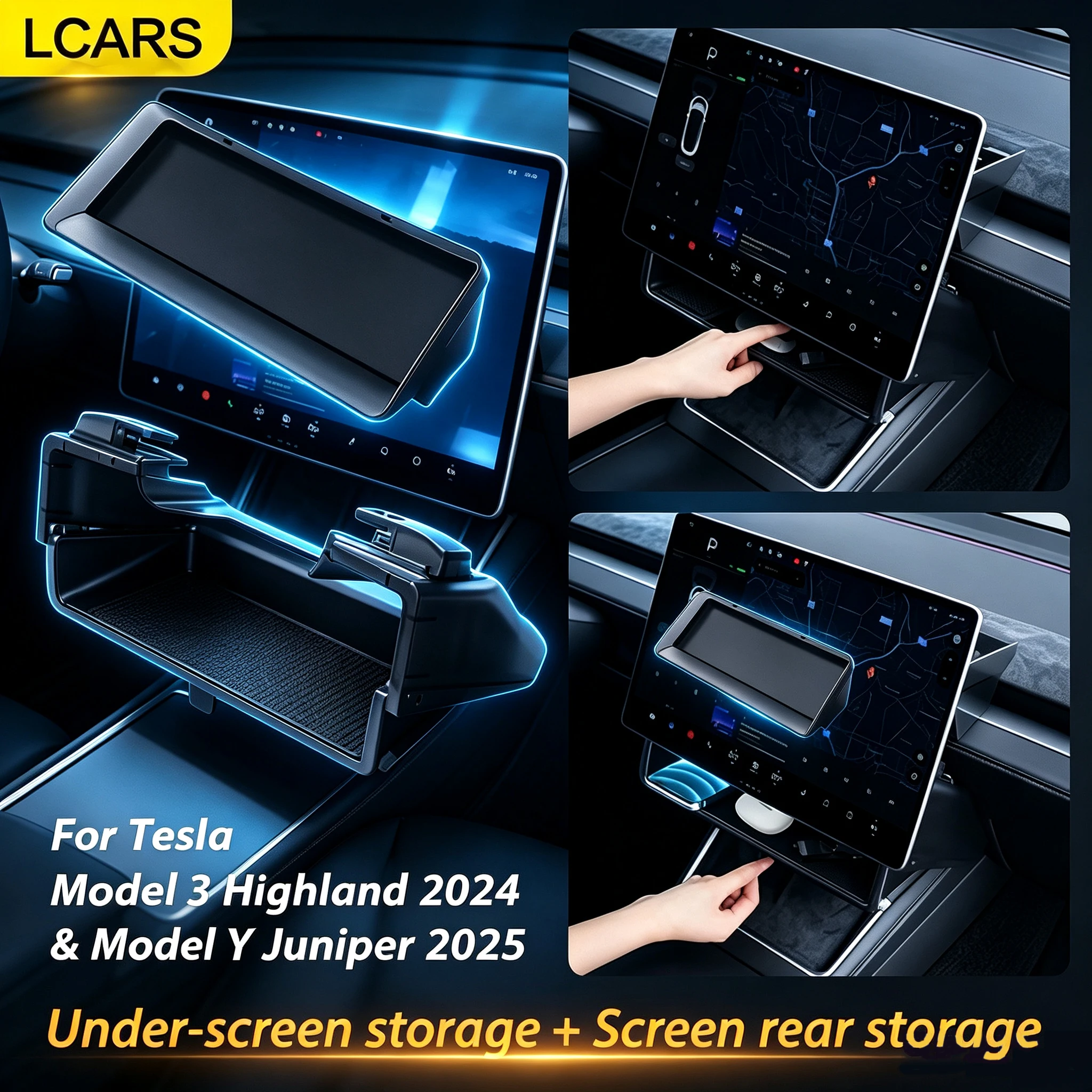 suitable-for-tesla-model-y-juniper-2025‑2026-model3-highland-2024‑2025-under-screen-storage-box-storage-rack-behind-the-central-control-screen-built-in-anti-slip-mat-foldable-hidden-opening-and-closing-tissue-holder-car-interior-decoration-accessories