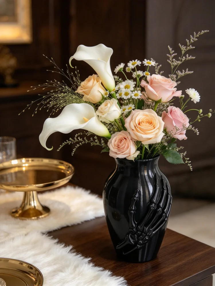 3D Printed One-Piece Black Petg Skull Hand Vase, with a Three-Dimensional Skeleton Hand Design, Finely Layered Printed Texture, Smooth Petg Glossy Finish, Oval Opening, Classic Vase Shape, Gothic Luxury Dark Aesthetic, Elegant yet Avant-Garde, Halloween Themed Decorative Small Vase, Height 15cm, Lightweight and Shatterproof, Suitable for Holding Dried Reed Flowers and Fresh Flowers, for Living Room, Bedroom, Bathroom, Office, Desktop